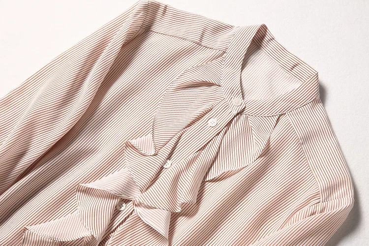

European and American women's clothing spring 2021 new Long sleeve flounces Fashion Stripe Print Silk shirt