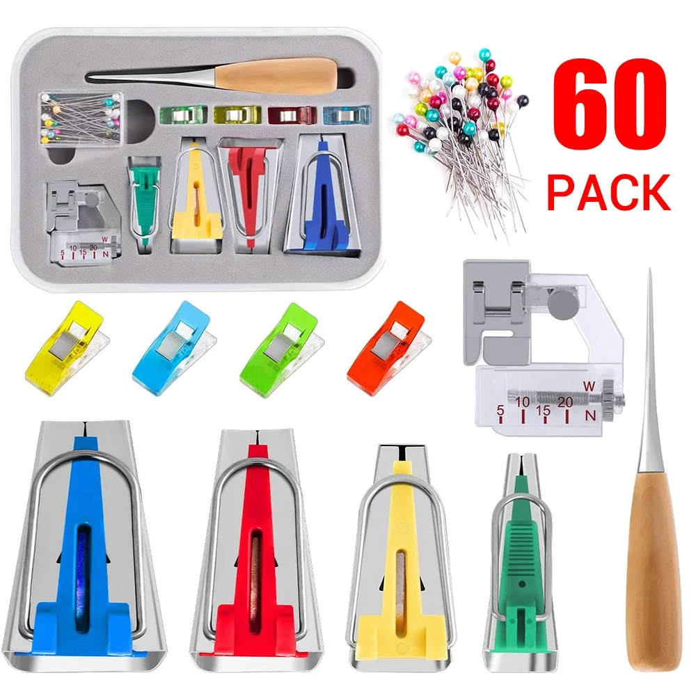 

60Pcs Practical Bias Tape Maker Set With Adjustable Binder Foot Clips Pins Wooden Sewing Awl Easy Use DIY Sewing Quilting Tools