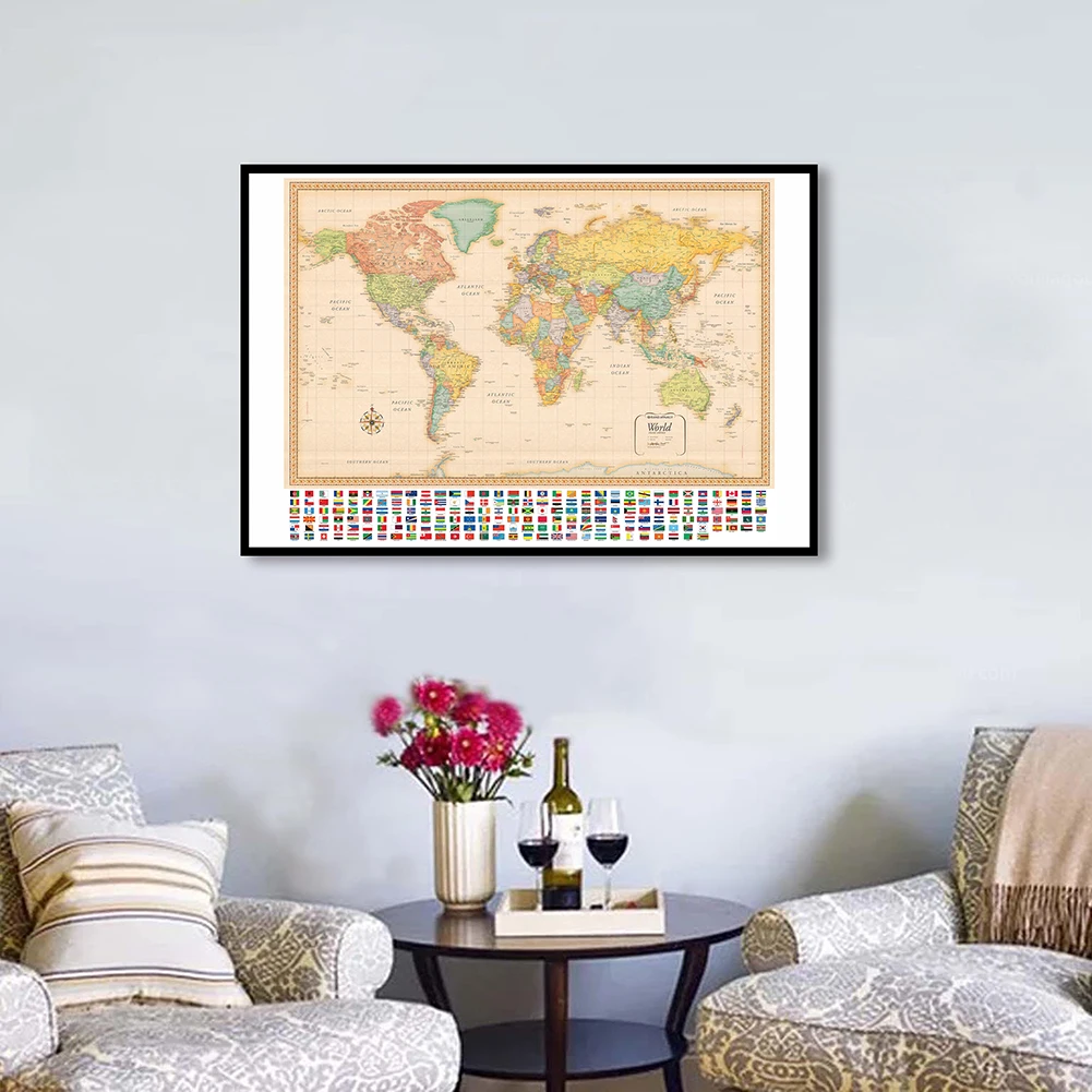 90*60 см карта мира с национальными флагами ретро холст живопись плакаты и принты