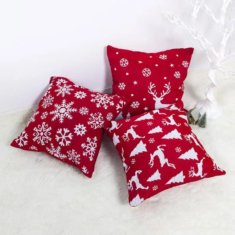 

Красная рождественская наволочка, Полиэстеровая подушка для дивана без сердечника, дерево, снежинка, олень, новогодний принт, домашний деко...