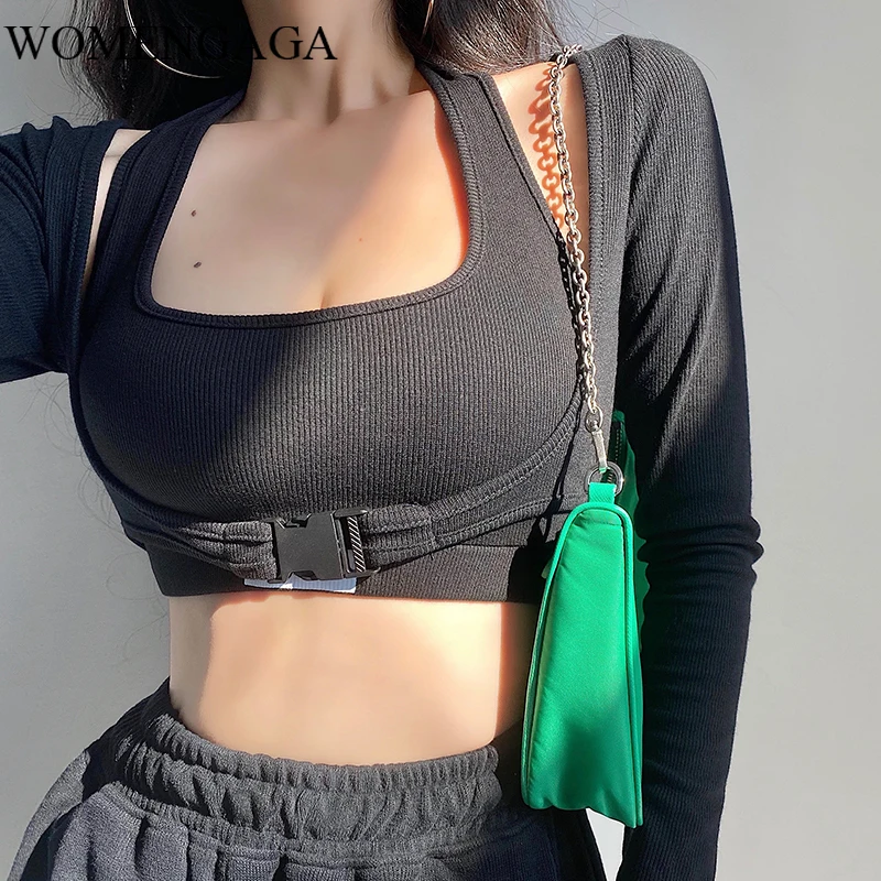 

WOMENGAGA Autumn Sexy Letter Print Short Umbilical Tops Tank Full Sleeve Tops Vest Two-piece Womens Tops Cotton Q9ES