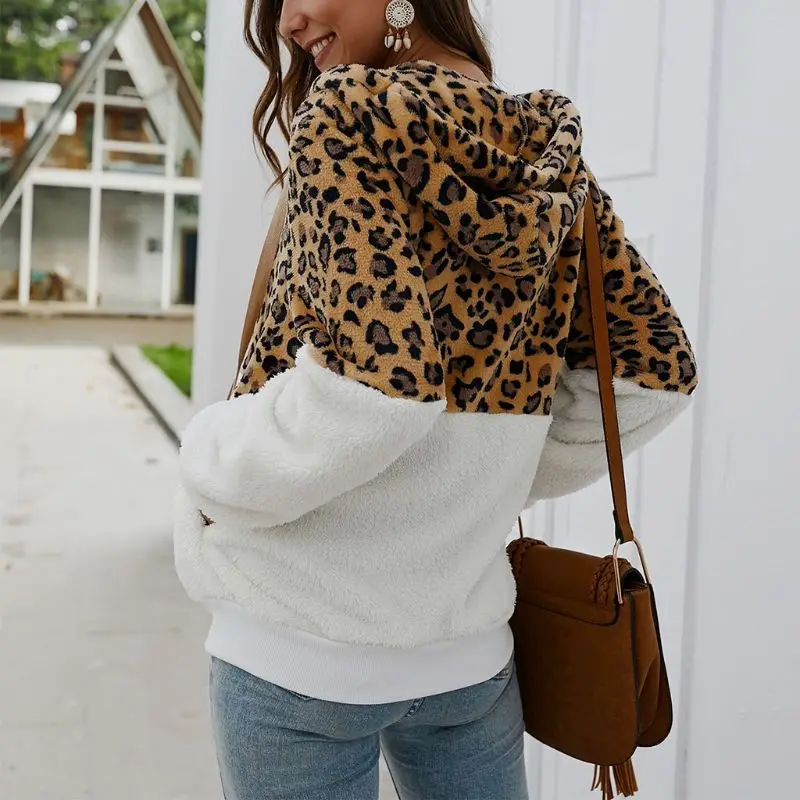 Women Autumn Winter Leopard Fleece Faux Fur Hooded Coat Zipper Jacket Overcoat | Женская одежда