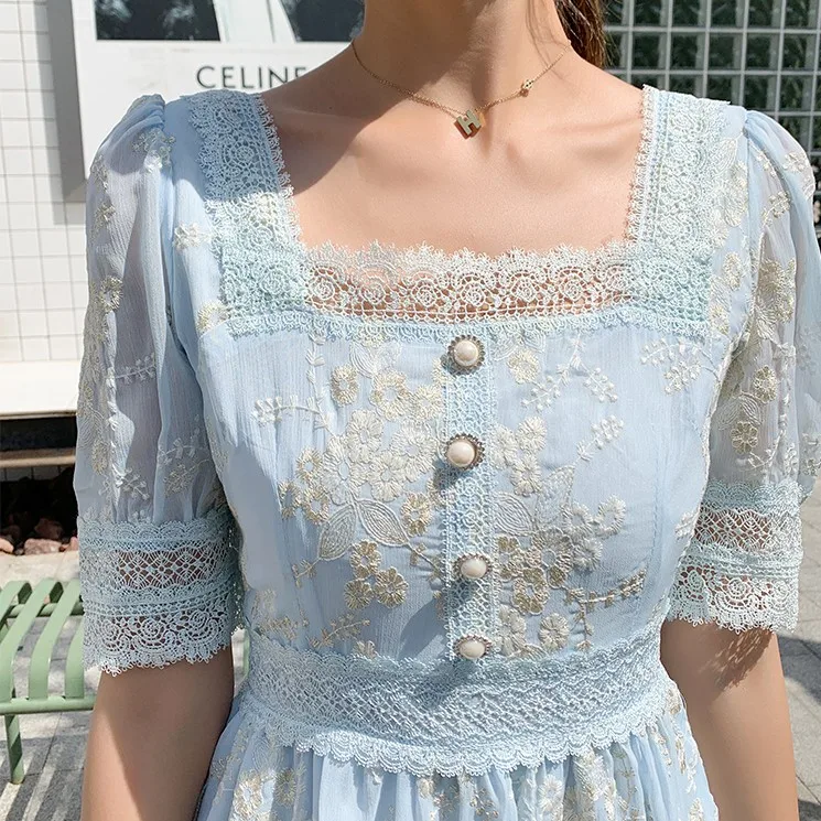 

2021 New Summer Elegant Embroidery Lace Square Neck Puff Sleeve Fairy Dress Vintage Female French Slim Waist Casual Party Dress
