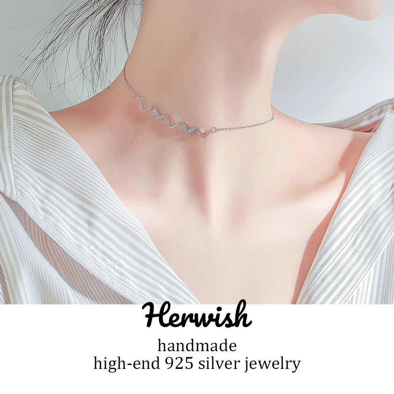 

Herwish Wave Choker Necklaces 925 Sterling Silver Women Bling Zirconia Collar Link Chain Short Necklaces Fashion Korean Jewlery