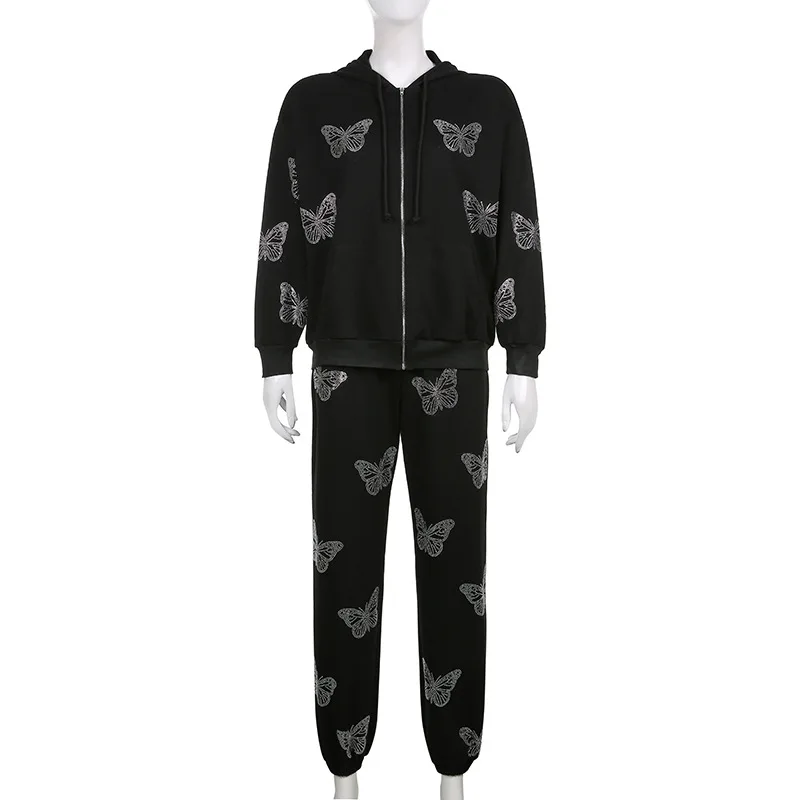 

Women's hoodie oversized zipper sweatshirt, 90s butterfly print and rhinestone streetwear, 2-piece sportswear, Y2K, fashion2021
