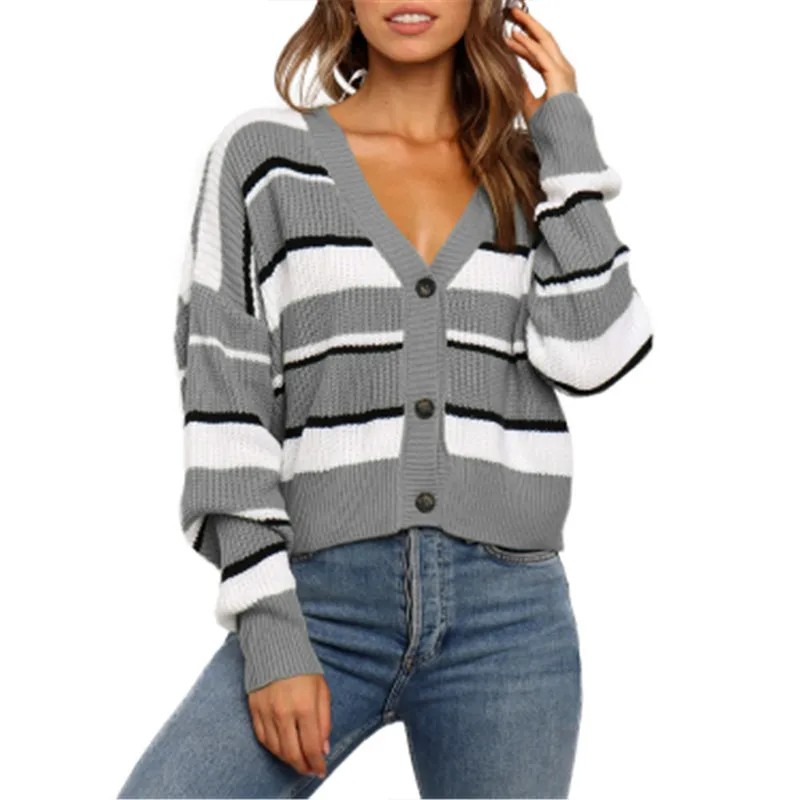 

Fashion Contrast Color Striped Cardigan Women 2020 Fall Winter V-neck Oversized Knitted Coats High Street Style Outwear Clothes