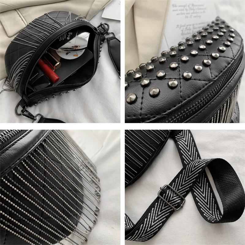 

Spring Trend Fringe Wide Strap Chest Bags For Women Famous Brand Studded Rivet Crossbody Bags High Quality PU Leather Waist Pack