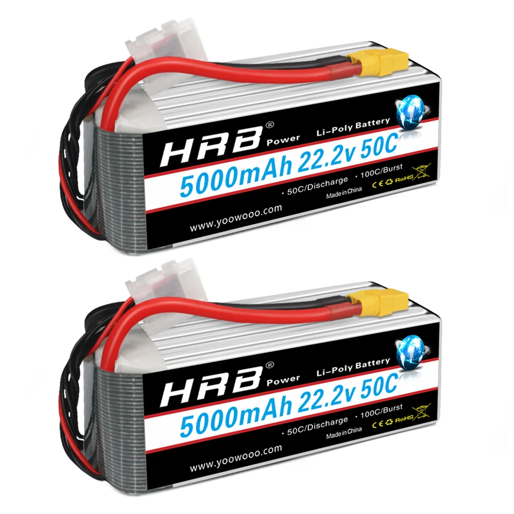 HRB-bater&iacute;a Lipo 6S de 22,2 V, 5000mAh, 50C con conector EC5 XT90 para Lab 700 800, Quadcopter, helic&oacute;ptero, Drone, Align 7,2 Yak 54, 2 uds.-0