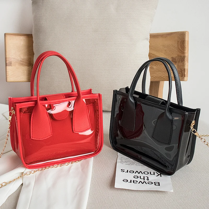 

2020 Fashion Trend Women Ladies Solid Color Crossbody Handbag PVC PU Leather Zipper Composite Bags Chain Shoulder Strap Purse