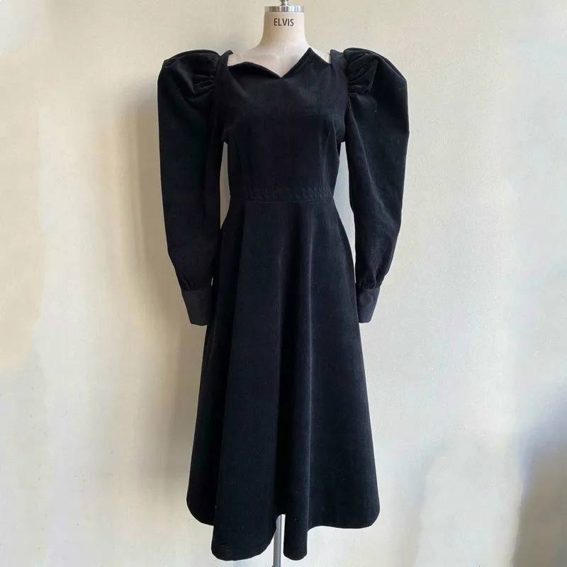 

Mozision Corduroy Puff-sleeve Dress For Women Solid V Neck With Metal Belt Dresses Ladies Vintage Loose Long Vestidos