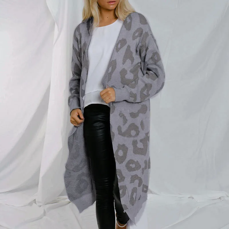 

Fashion Vintage Korean Style Women Long Cardigans 2020 Winter Leopard Long Sleeves Sweater