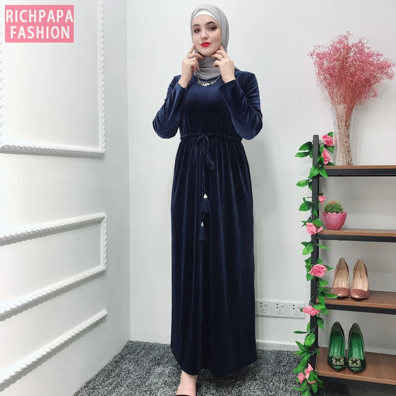 Бархатная Абая Женская кафтан халат Дубай мусульманский хиджаб платье Турция