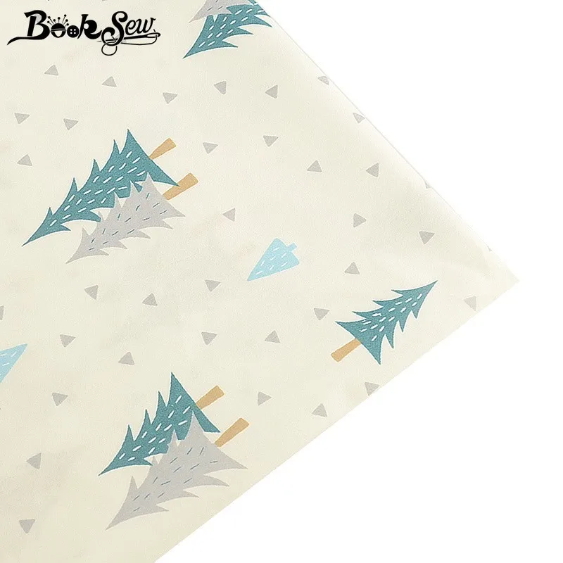 Тканевая ткань Booksew с мультяшным принтом дерева 100% хлопок белая саржевая сделай