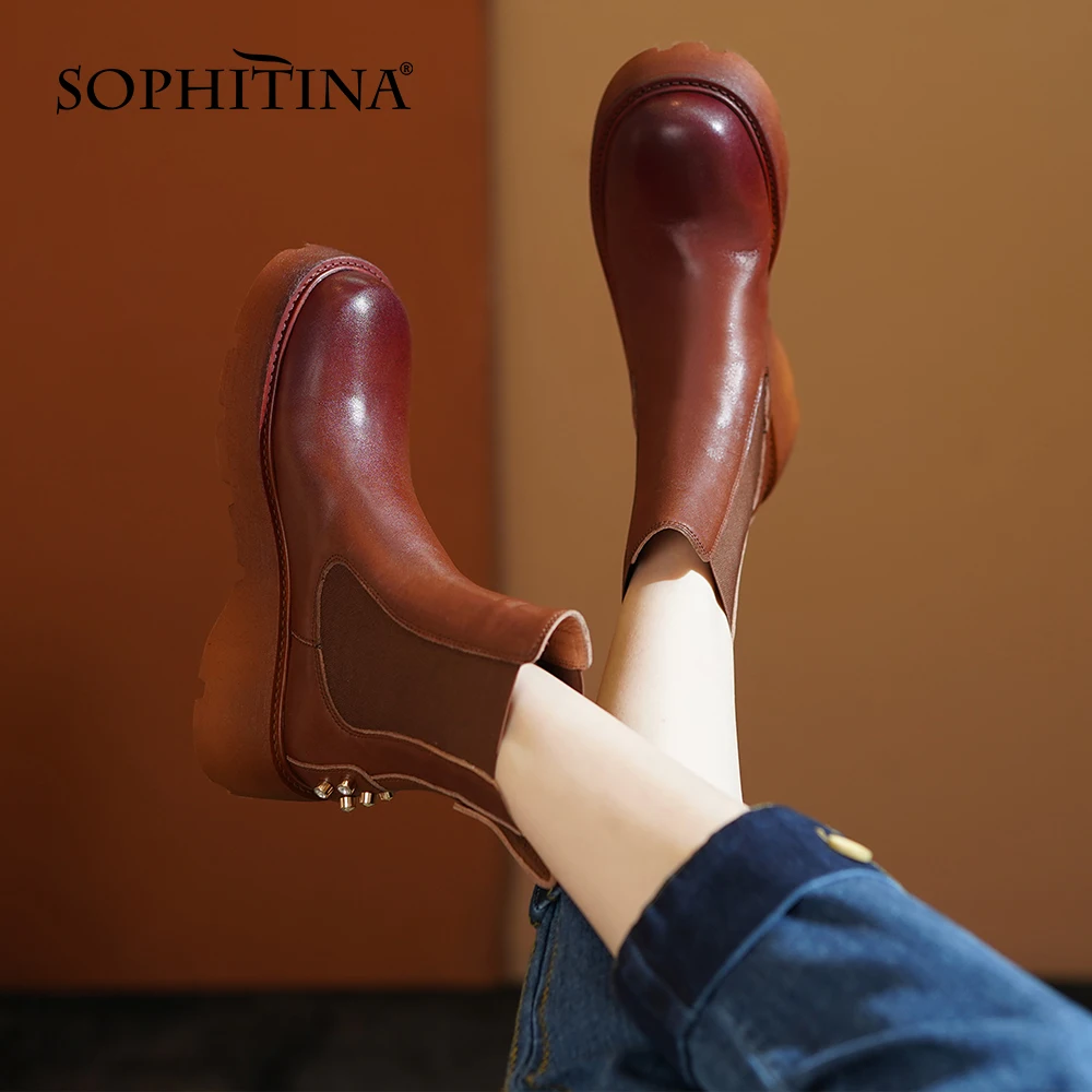 

Женские ботинки челси SOPHITINA, Удобные полусапожки из натуральной кожи, на платформе, без застежки, с металлическим украшением, YO290