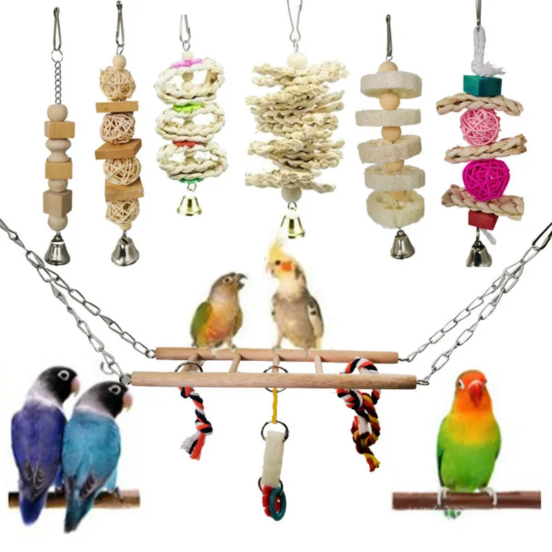 

7PCS Parrot Toy Primary Color Set Hanging Bridge Rattan Ball String Silk Melon Piece String Bird Toys Combination