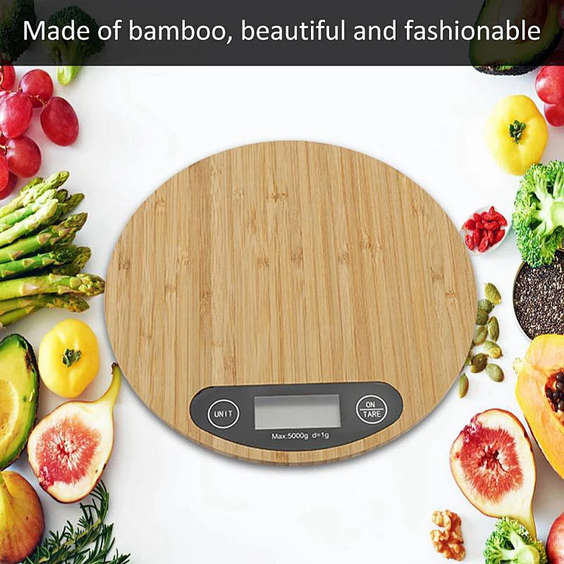 

5kg/1g Round Bamboo LED Display Electronic Kitchen Baking Scale Portable Gram Weight Scale Food Medicine for Healthy Diet