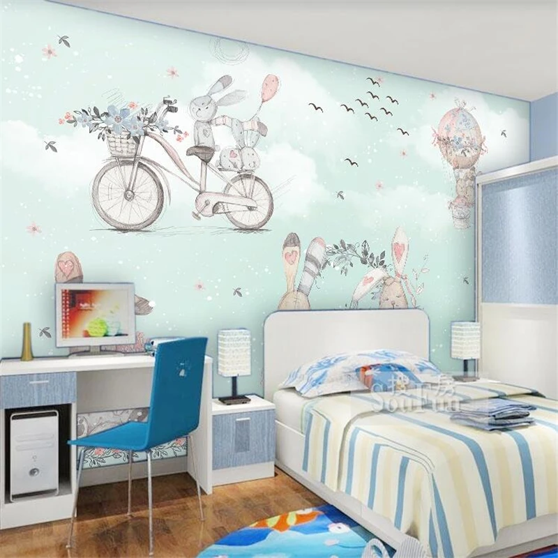 

Drop Shipping Custom Wallpaper For Walls 3d Hot Air Balloon Abstract Little Rabbit Hand Painted Snow Cartoon Room Wallpaper