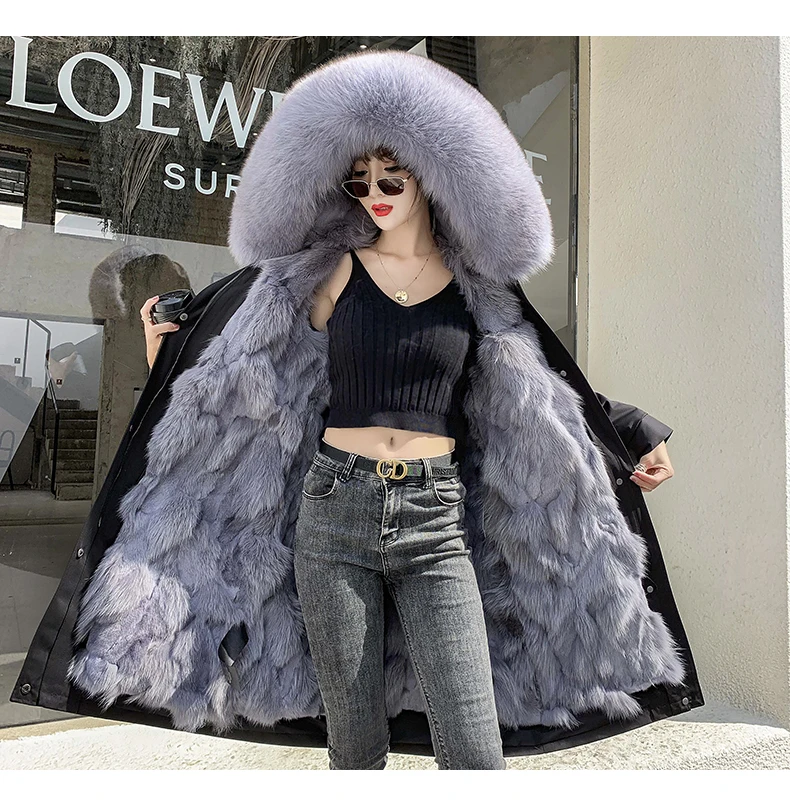 2021 New Winter Women's Leather Coat Long Detachable Rabbit Fur Lining Hooded Parka Big Fox Fur Collar Warm Fur Coat Jacket