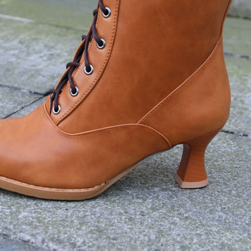 

2021 Women Western Short Boots Woman Lace-up Combat Boot Mid Heels Shoes Fashion Female Round Toe Autumn Brown Booties Plus Size