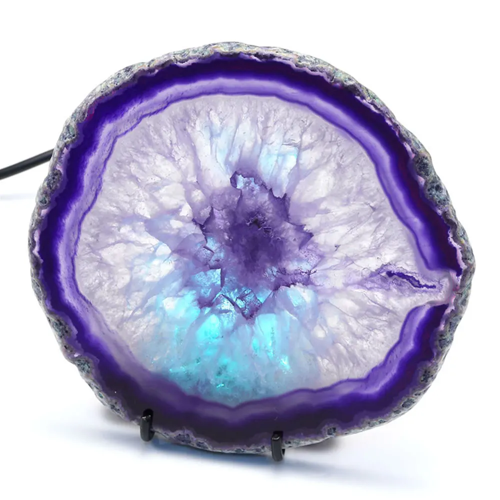 

Christmas Gifts Original Agate Stone Slice Nightlight Decoration-Dyed Purple Mineral Rock Geode Druzy Slice LED Lamp With USB #