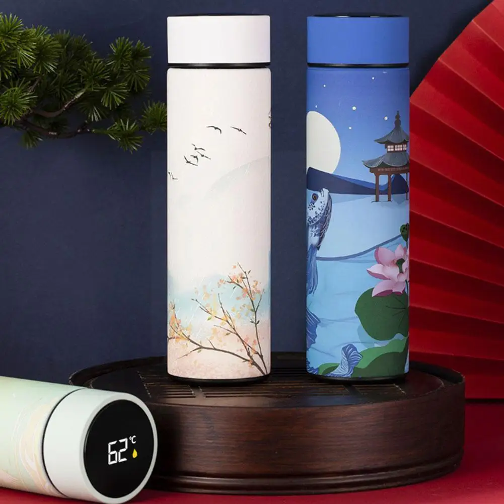 

LED Chinese Landscape Painting Smart Vacuum Flask 500ml Cup Display Steel Vacuum Flask Water Temperature S7E0
