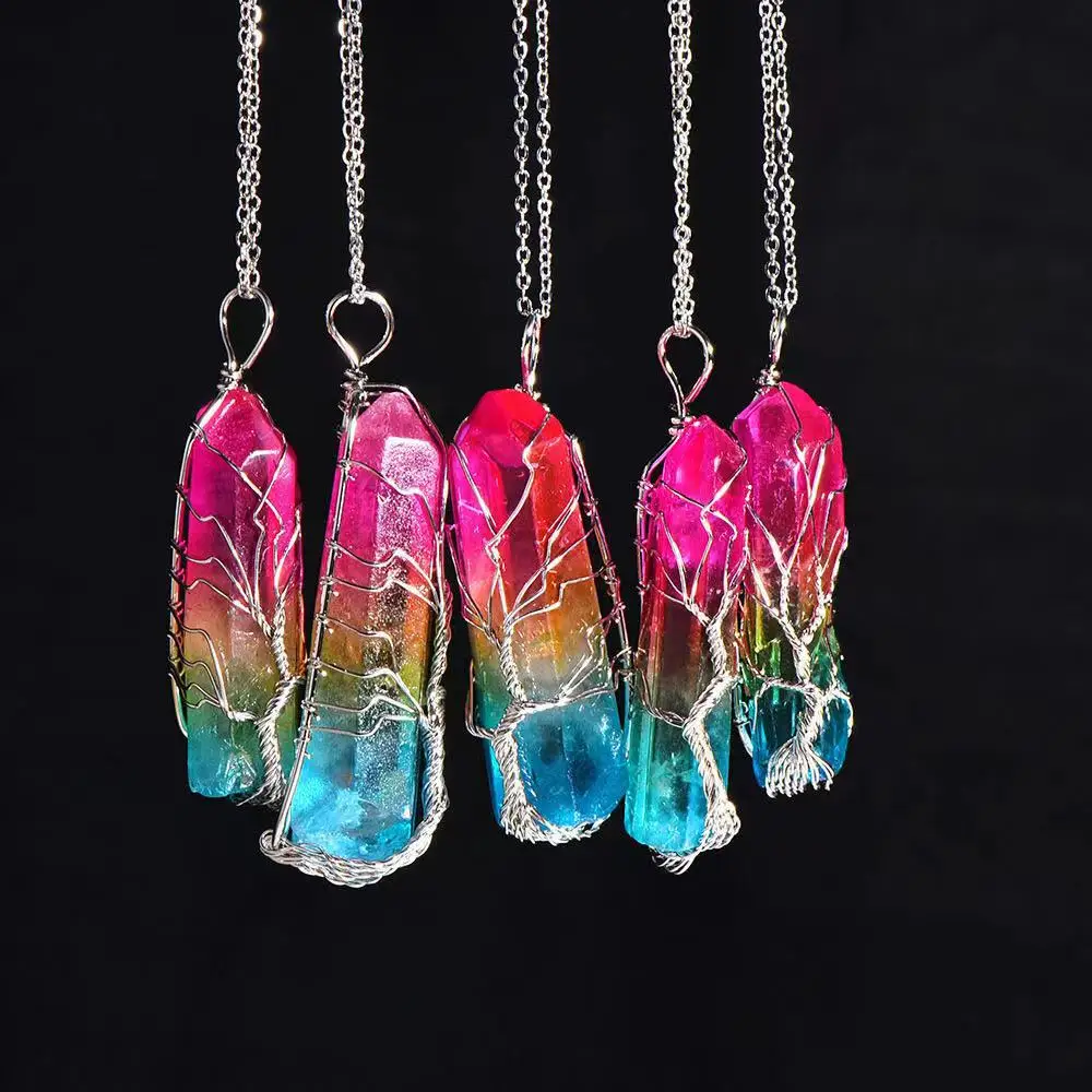 

2021 натуральное Радужное шестигранное ожерелье с кулоном в виде дерева жизни с кристаллами, дизайнерские подвески цепочка на шею для мужчин ...