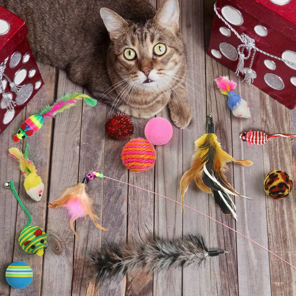 

Pet Cat Toys 20 Pcs/Set Play Furry Mice Balls Feather Teaser Wand Bell Catnip