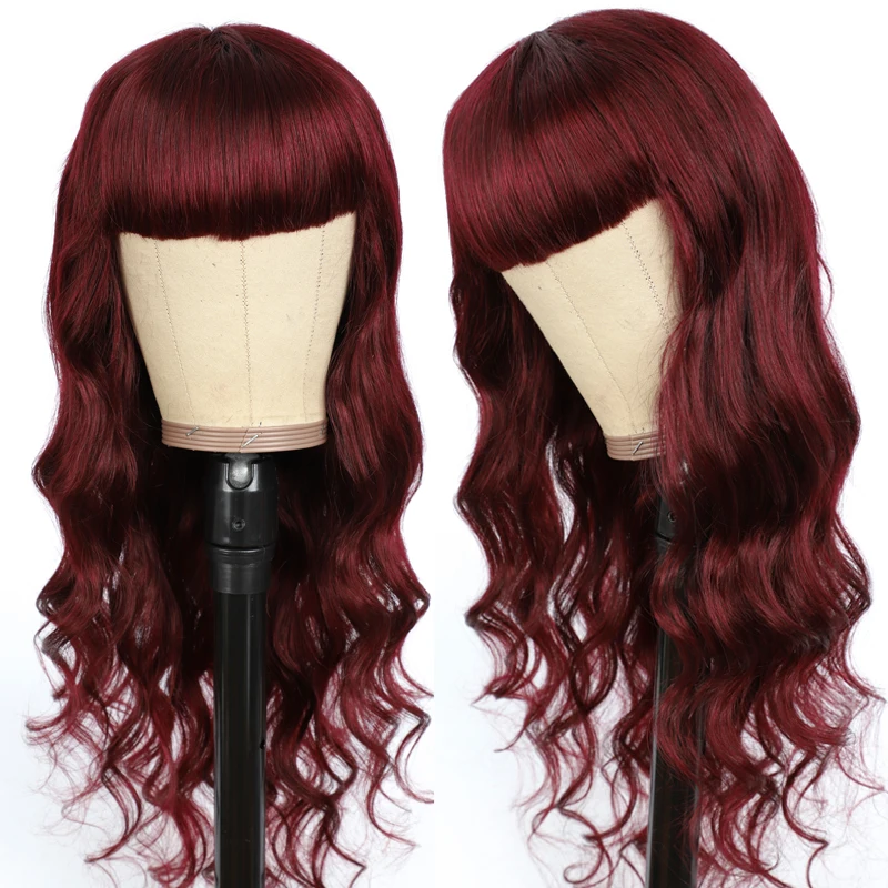 Парики из человеческих волос Блонд-коричневого и красного цвета с челкой для