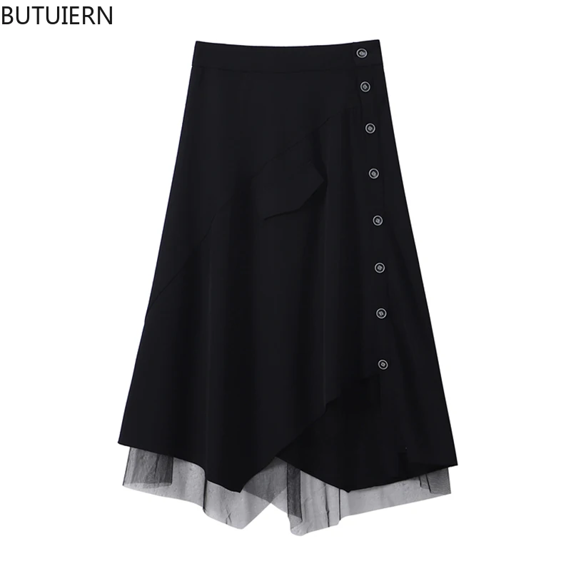 

Clothes Women Streetwear Fashion Mesh Spliced High Waist Fluffy Skirts Single Breasted Design Harajuku Skirts 2021 Tide Buttoms