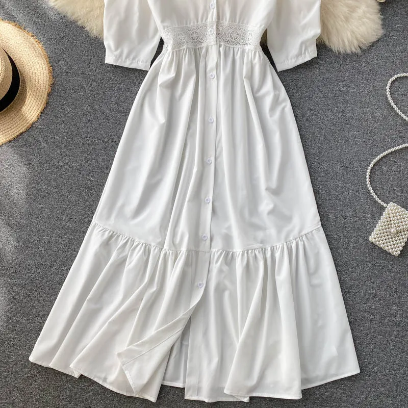 

Women's Summer New Fashion Temperament VestidosV-neck See-through Lace Fight Reception Waist Puff Sleeve Midi Dress KK114