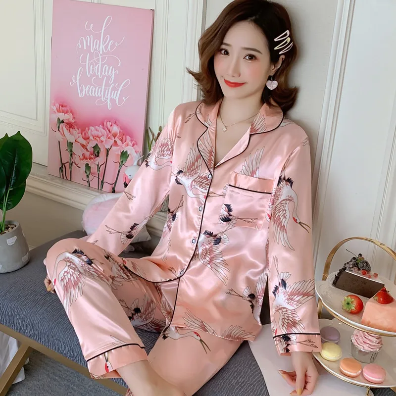 

2020 Ice Silk Pajamas New Ladies Long-sleeved Trousers Spring and Autumn Thin Simple Noble Home Wear Pijamas Women Sleep Tops