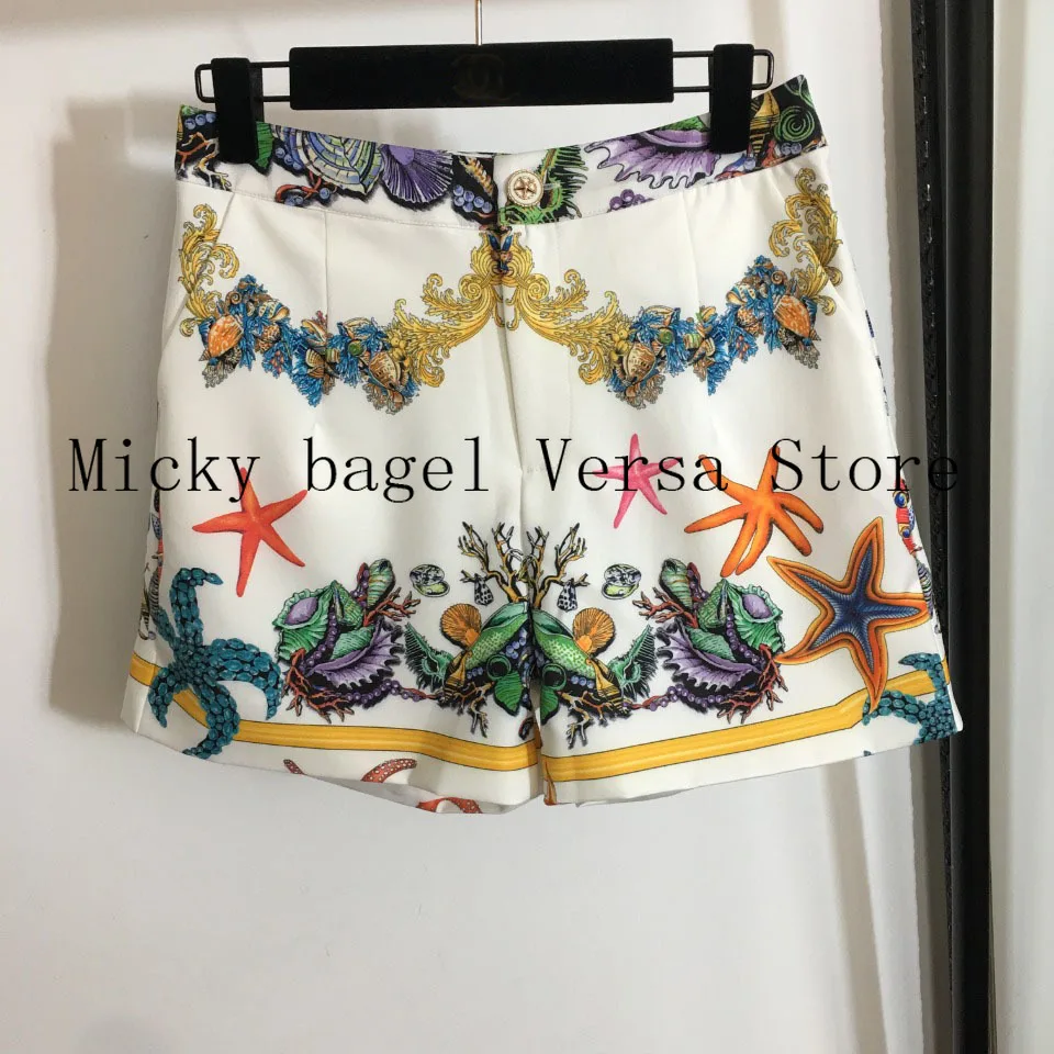 

21 luxury brand retro printing fashion women's versatile short sleeve T-shirt High Waist Wide Leg shorts + High Waist Pants Set