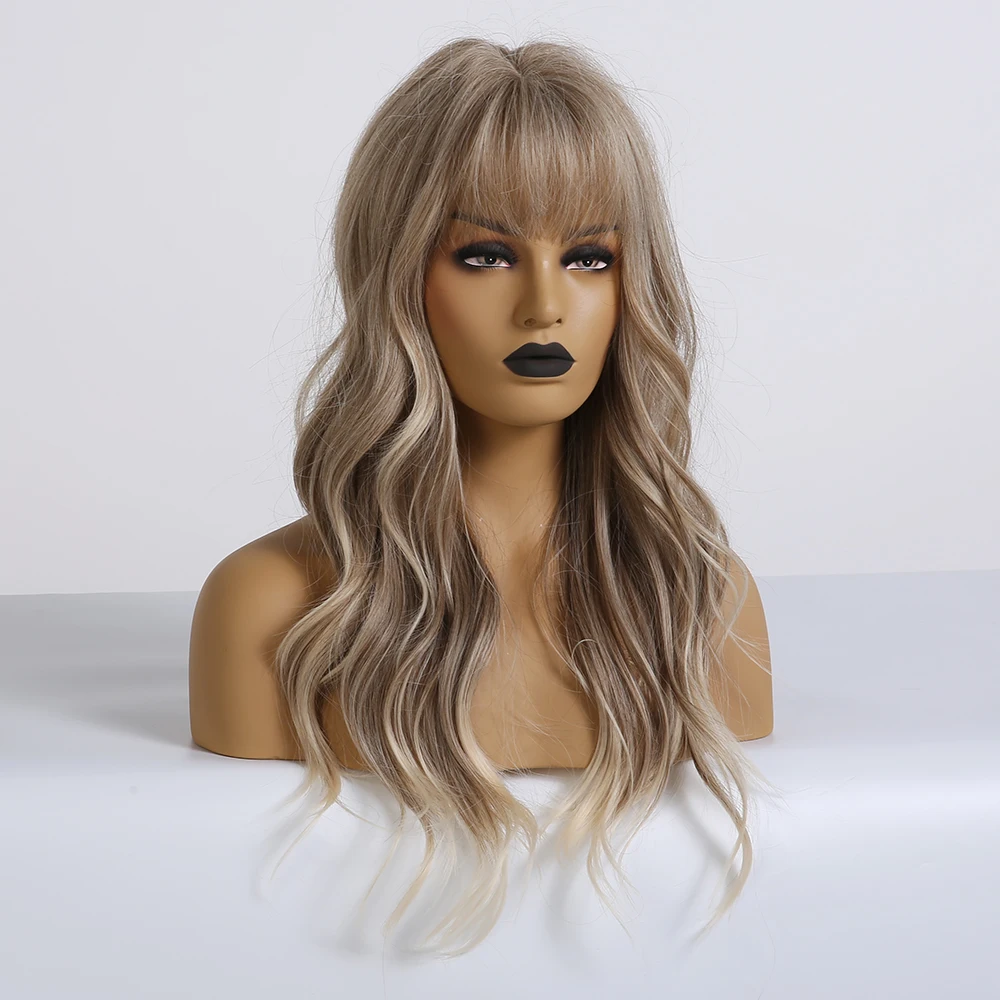 ALAN EATON Synthetic Wig - Long Wavy Light Ash Brown Blonde Highlight Wig with Bangs for Women - Ideal for Cosplay Costume Wigs image 3