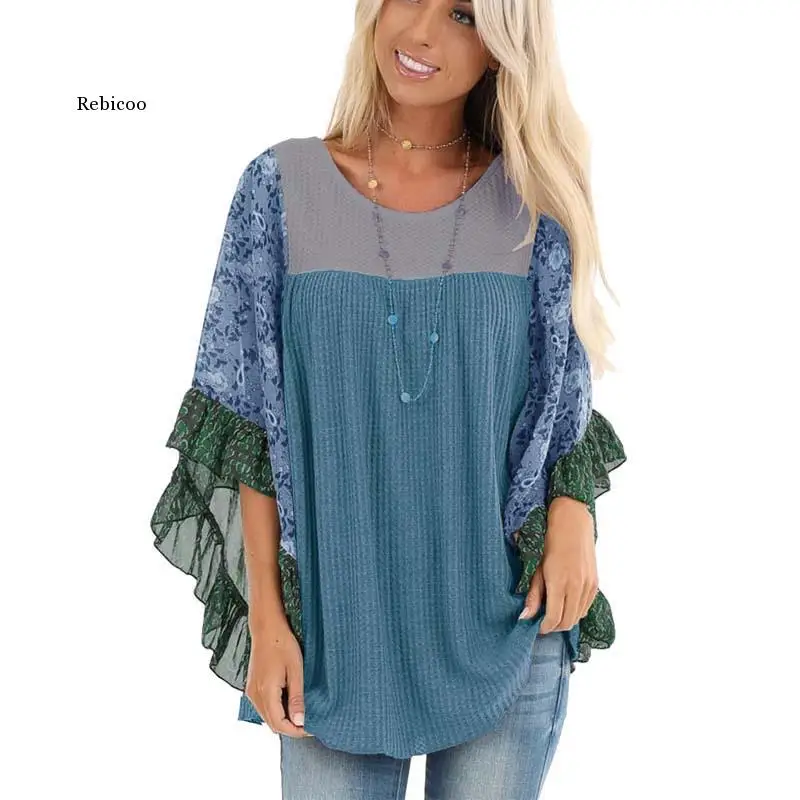 

Plus Size Boho Half-Sleeve Print Splice Women's Sweaters Pullovers O Neck Loose Casual Autumn New Female knitting Pullovers