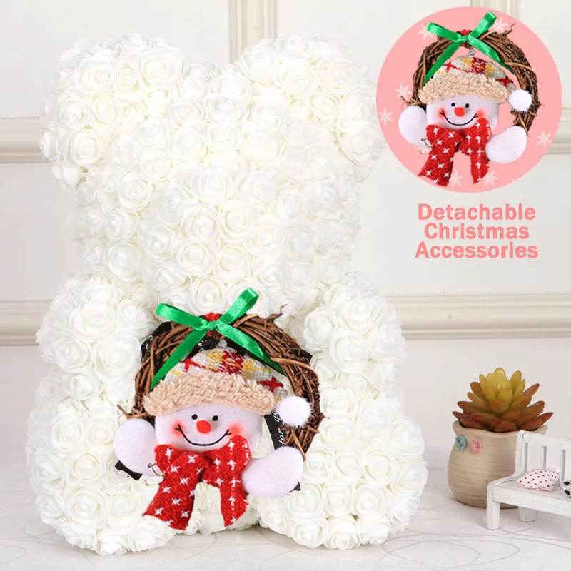 Whit 40cm Christmas Gift 40cm Red Bear Rose Artificial Soap Roses Teddi Bear Eternal Flower Valentine Garland Gift Girl Friend Snowman - Цвет: Whit 40cm