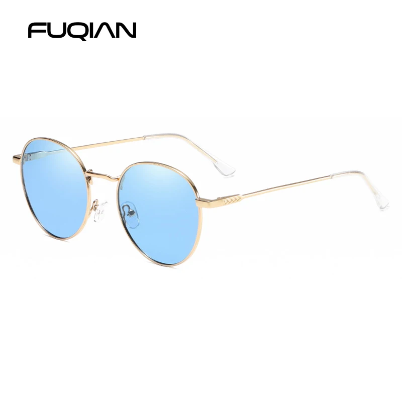 Gold Blue FUQIAN новые роскошные круглые поляризованные солнцезащитные очки модные цветные металлические мужские и женские солнцезащитные очки антибликовые уличные очки UV400 - Цвет линз: Gold Blue
