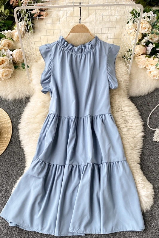 

SuperAen Spring New Sweet O Neck Ruffles Simple Solid Loose A Line Summer Dress for Women