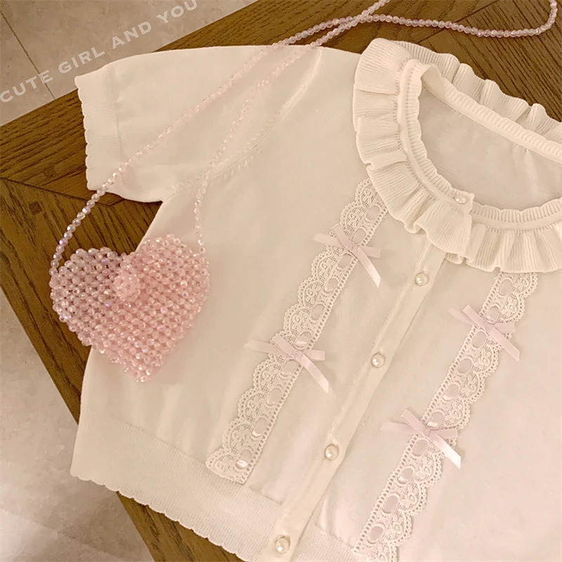 

Summer Cropped Sweaters Women Cute Lace Cardigan Girls Kawaii Korean Fashion Knitted Tops Japanese White Short Sleeve Pullover