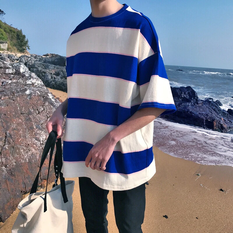 2020 Summer New Harajuku Korean Version Of The Ins Trend Loose Striped Printing Casual T-shirt Couple Models Cotton Large Size | Мужская
