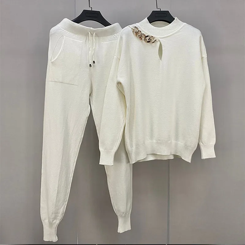 

Autumn New Knitting Outfits Chain Hole Hollow Out Round Neck Long Sleeved Sweater Tops + Casual Pants Women Two-Piece Sets