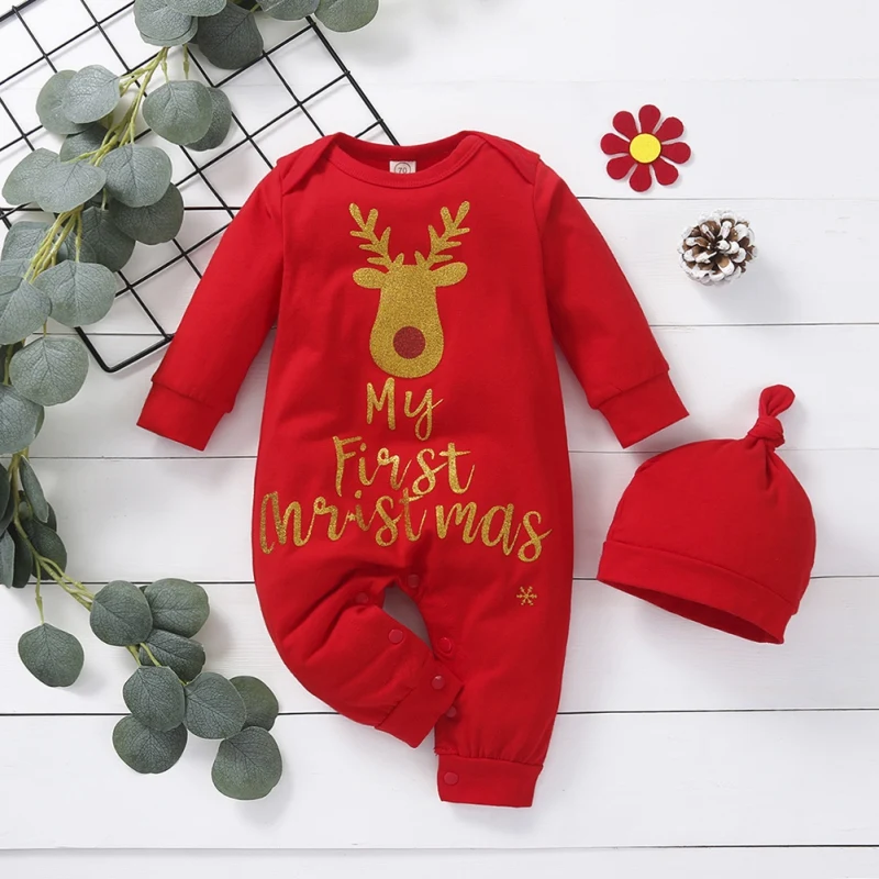 

Autumn Cute Baby Boys Girls Toddler Christmas Long Sleeve Romper Letter Print Tosh Cartoon Deer Garment Hat for Infant 2Pcs Set