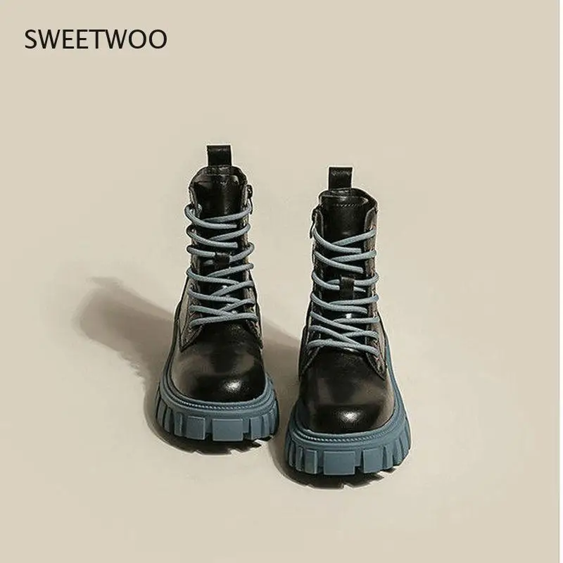Short boots middle calf black and blue women 2021 autumn and winter thick bottom British style rock women's shoes designer