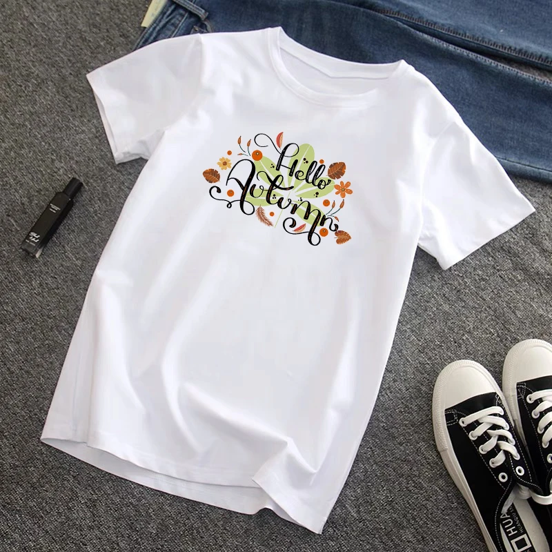 Осень 2021 белая футболка с принтом и коротким рукавом женский топ для девочек