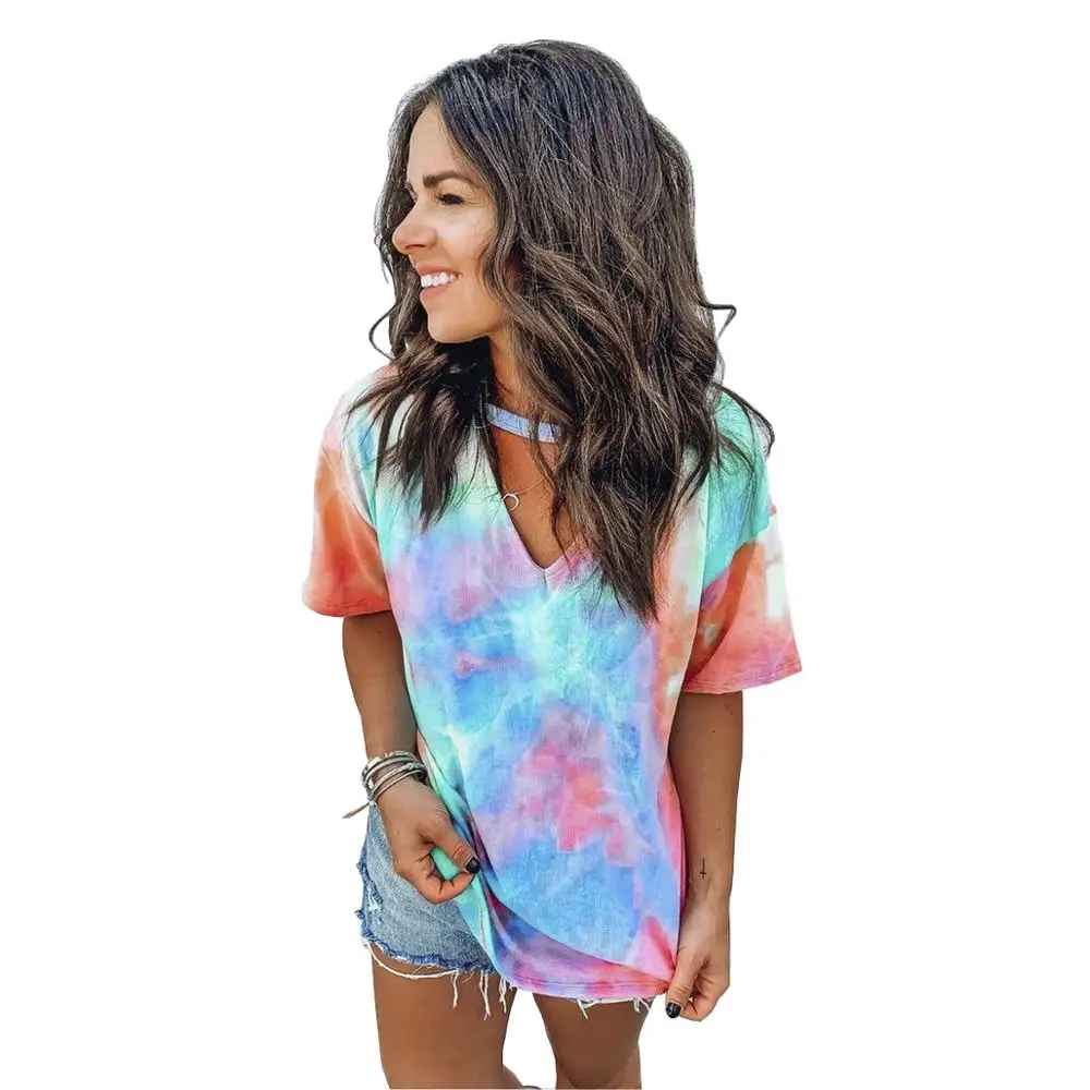 

European and American summer plus size printing tie-dye V-neck short-sleeved T-shirt women's top