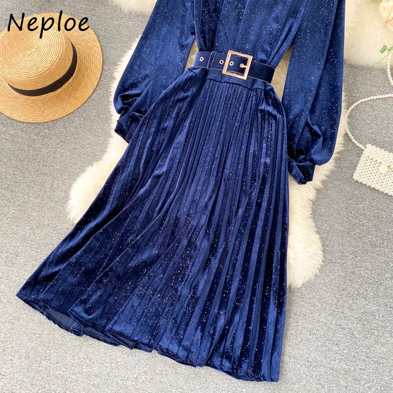 

Neploe Stand Collar Chic Sashes Bling Velvet Pleated Dresses Women 2021 Autumn Femme Vestidos Elegant Temperament Slim Fit Dress