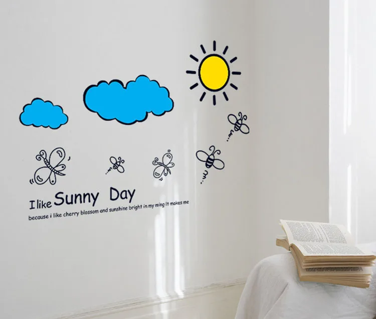 

Wall Stickers Living Room Wallpaper Sunny Day Cloud Sun Bee Butterfly Wall Art Nursery Kids Room Home Decoration
