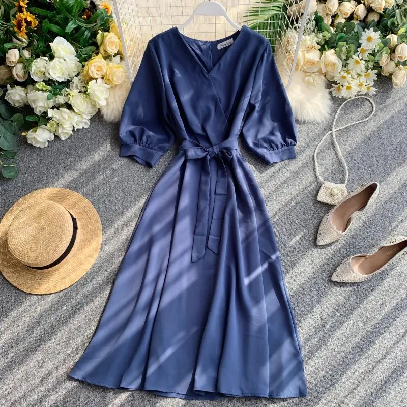 

FTLZZ Summer Women Sweet Half Sleeve V Neck A-line Dress Lady Casual Waist High Waist With Belt Mid-calf Dress Vestidos