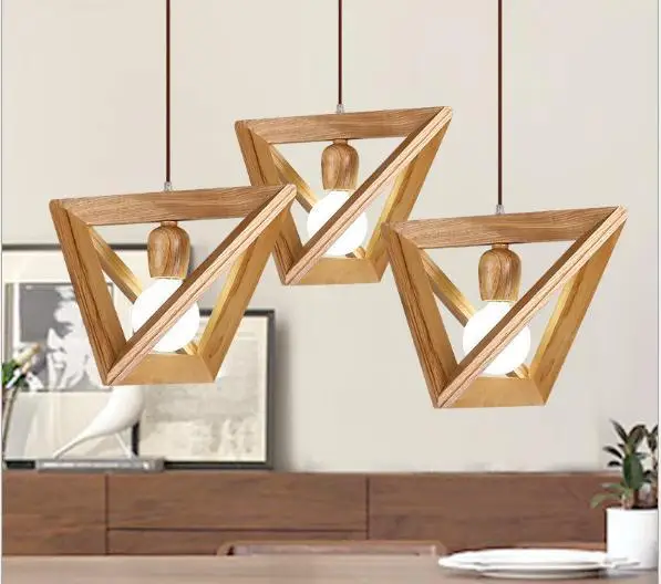 

Nordic Art Iron Pendant Light Bar Restaurant Triangle Geometric Solid Wood Droplight Lamp E27 38cm Drop luminaria