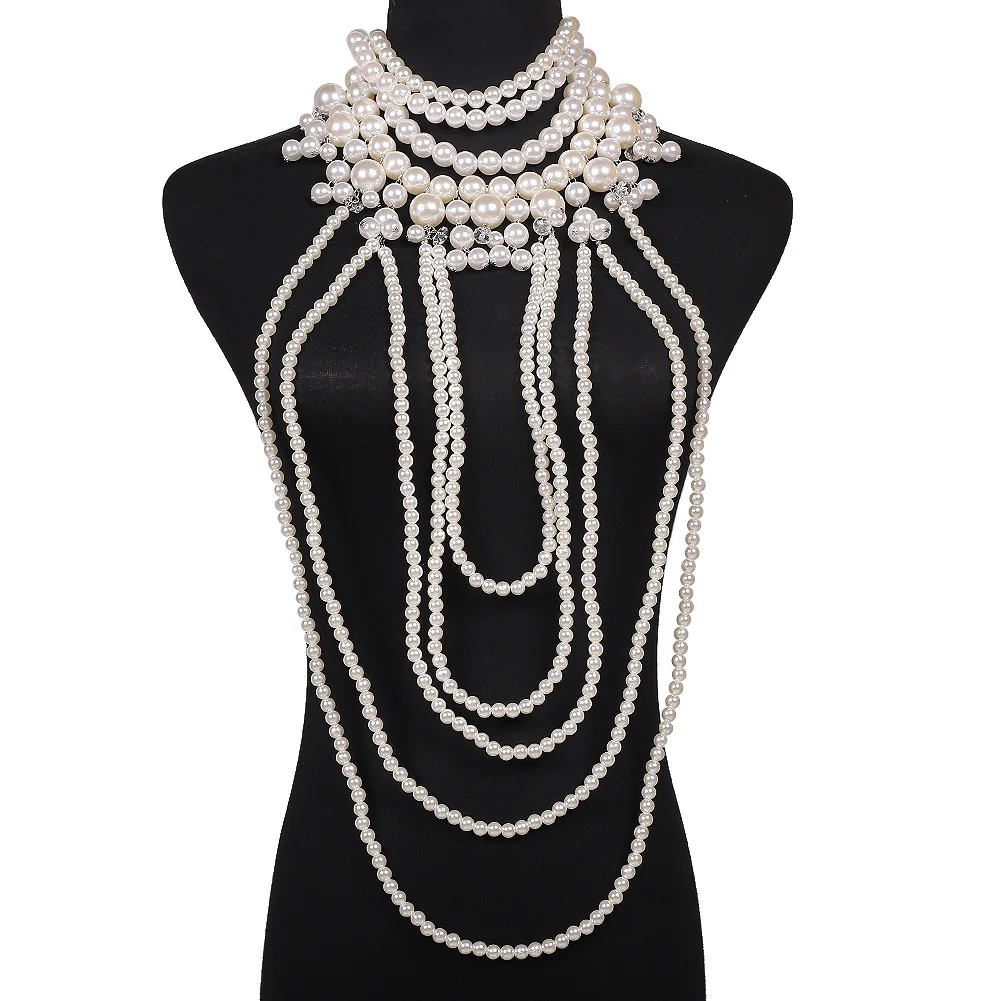 

Женское жемчужное ожерелье, многослойное ожерелье-чокер с жемчужными бусинами, бикини, топ, свитер, цепочка для тела