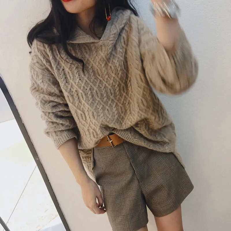 С капюшоном кашемировый свитер женский утолщенный ленивый свободный свитер осень и зима новая витая вязаная одежда Топы